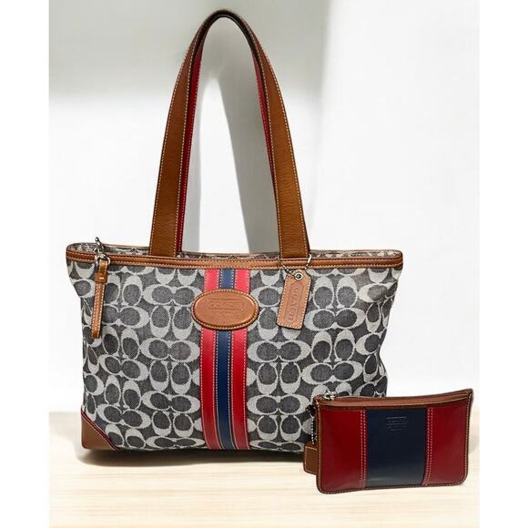 Vintage Coach 7023 Signature Denim Stripe Small Tote Bag & 8697 Skinny Wristlet - Picture 1 of 15